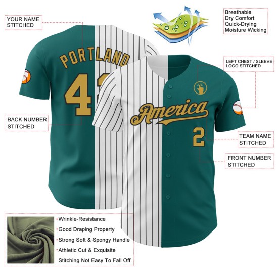 Maglia da baseball Old Jersey a righe gessate, personalizzata, autentica, oro e nero, verde acqua Maglia da baseball Old Jersey a righe gessate, personalizzata, autentica, oro e nero, verde acqua