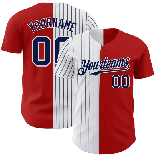 Maglia da baseball personalizzata rossa a righe bianche e blu navy autentiche Maglia da baseball personalizzata rossa a righe bianche e blu navy autentiche