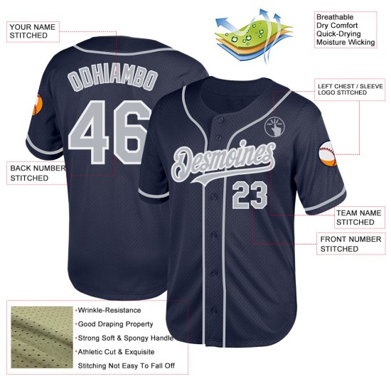Maglia da baseball retrò in mesh blu navy autentica personalizzata grigio-bianca Maglia da baseball retrò in mesh blu navy autentica personalizzata grigio-bianca