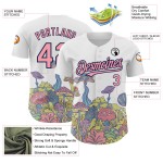Maglia da baseball personalizzata autentica e 3D con motivo floreale, funghi bianchi, rosa-blu navy, allucinazione psichedelica, design medio colorato Maglia da baseball personalizzata autentica e 3D con motivo floreale, funghi bianchi, rosa-blu navy, allucinazione psichedelica, design medio colorato