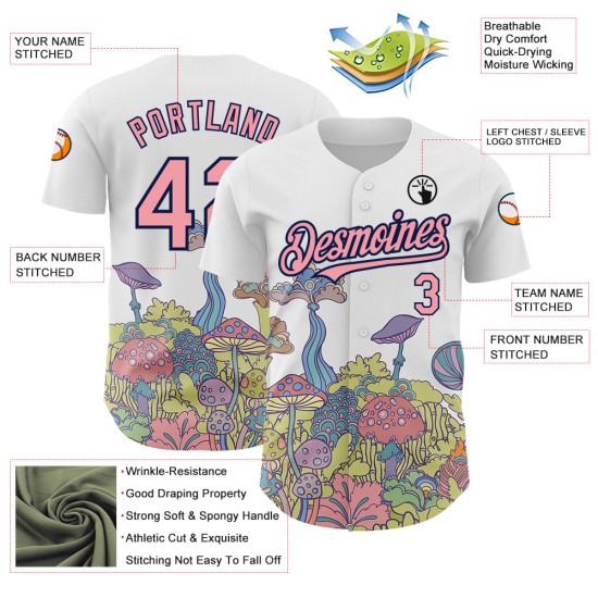 Maglia da baseball personalizzata autentica e 3D con motivo floreale, funghi bianchi, rosa-blu navy, allucinazione psichedelica, design medio colorato Maglia da baseball personalizzata autentica e 3D con motivo floreale, funghi bianchi, rosa-blu navy, allucinazione psichedelica, design medio colorato