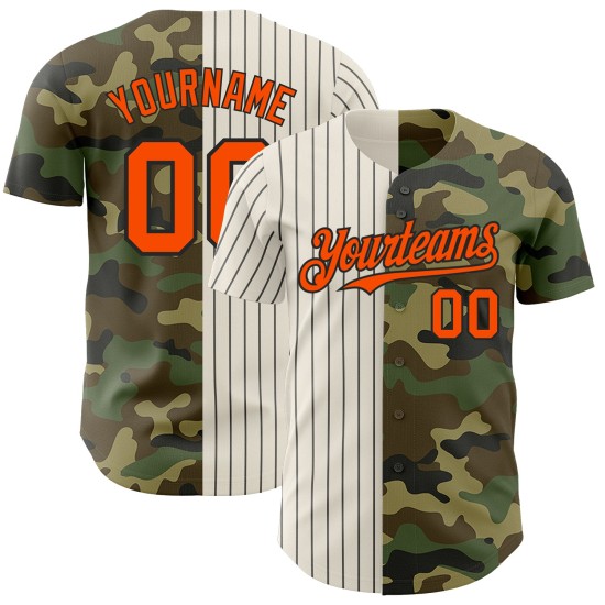 Maglia da baseball personalizzata Pinstripe To Salute Service Fashion Orange Camo, autentica, color crema e nero Maglia da baseball personalizzata Pinstripe To Salute Service Fashion Orange Camo, autentica, color crema e nero