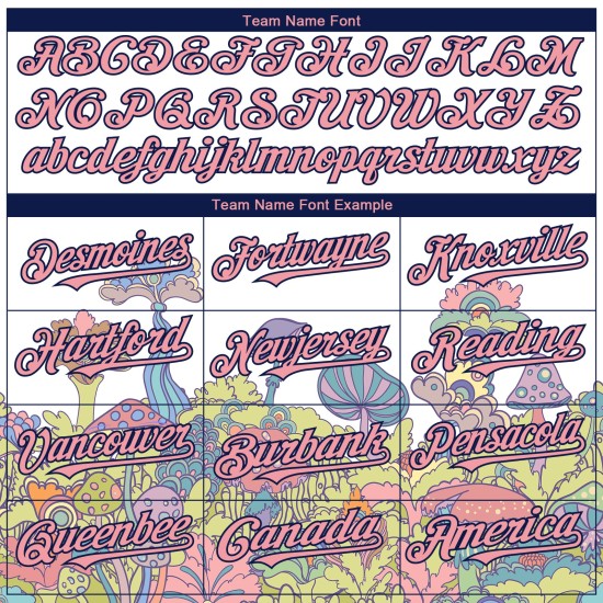 Maglia da baseball personalizzata autentica e 3D con motivo floreale, funghi bianchi, rosa-blu navy, allucinazione psichedelica, design medio colorato Maglia da baseball personalizzata autentica e 3D con motivo floreale, funghi bianchi, rosa-blu navy, allucinazione psichedelica, design medio colorato