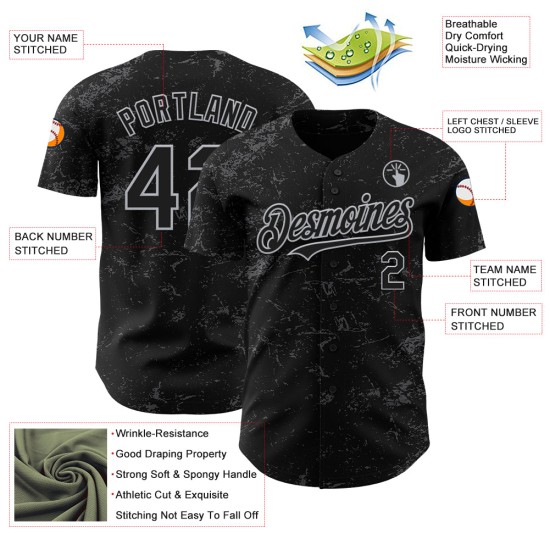 Maglia da baseball con schizzi grigi, design 3D personalizzato, motivo autentico, trama grigio-acciaio nero astratto Maglia da baseball con schizzi grigi, design 3D personalizzato, motivo autentico, trama grigio-acciaio nero astratto