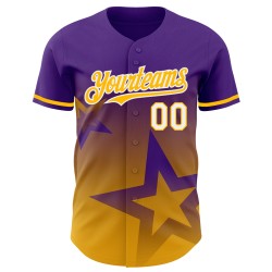 Maglia da baseball personalizzata Twinkle Design Star con motivo sfumato 3D oro-bianco viola, stile autentico Maglia da baseball personalizzata Twinkle Design Star con motivo sfumato 3D oro-bianco viola, stile autentico