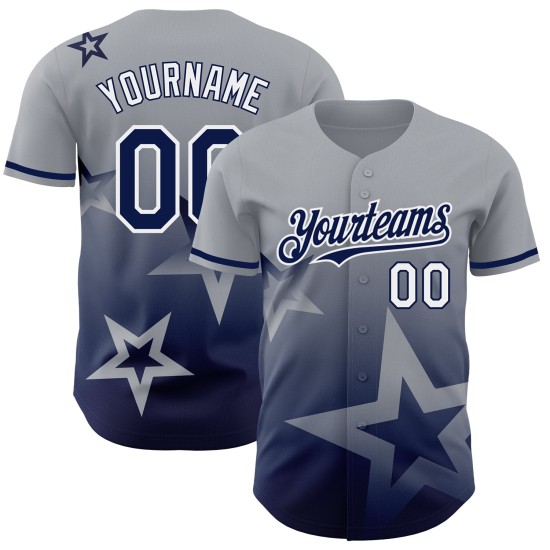 Maglia da baseball Star Twinkle personalizzata in 3D con design autentico grigio sfumato blu navy e bianco Maglia da baseball Star Twinkle personalizzata in 3D con design autentico grigio sfumato blu navy e bianco