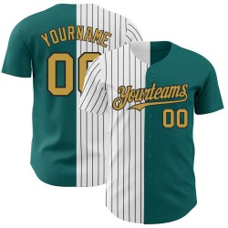 Maglia da baseball Old Jersey a righe gessate, personalizzata, autentica, oro e nero, verde acqua