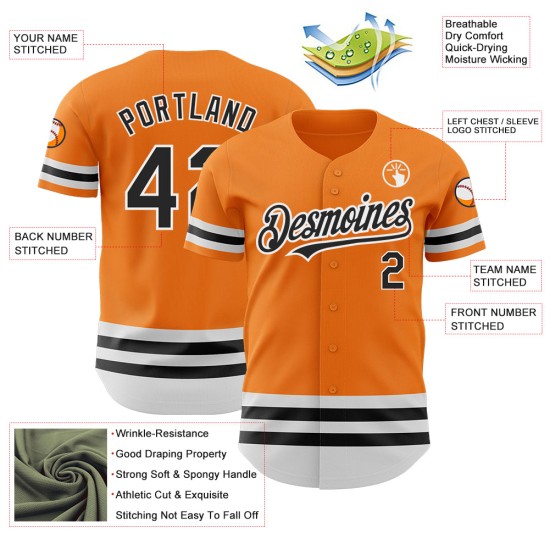 Maglia da baseball autentica arancione, personalizzata, linea Bay nera e bianca Maglia da baseball autentica arancione, personalizzata, linea Bay nera e bianca