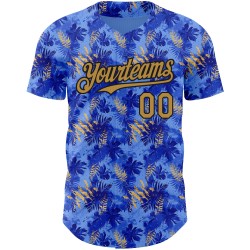 Maglia da baseball con foglie, blu antico, Hawaii 3D, motivo personalizzato autentico, design tropicale, oro chiaro e nero. Maglia da baseball con foglie, blu antico, Hawaii 3D, motivo personalizzato autentico, design tropicale, oro chiaro e nero.