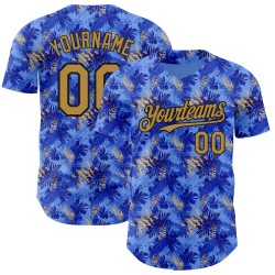 Maglia da baseball con foglie, blu antico, Hawaii 3D, motivo personalizzato autentico, design tropicale, oro chiaro e nero.