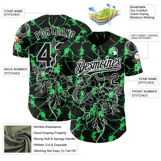 Maglia da baseball con motivo a serpente neon 3D, personalizzata, nera, verde e bianca, con design a tema animale. Maglia da baseball con motivo a serpente neon 3D, personalizzata, nera, verde e bianca, con design a tema animale.