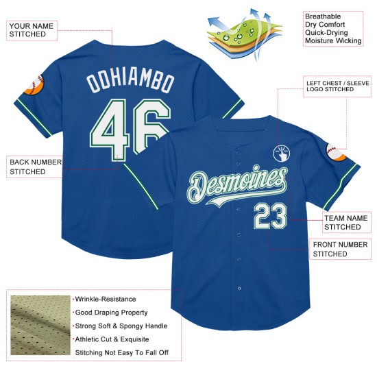 Maglia da baseball vintage personalizzata, autentica, blu, bianca e verde Kelly Mesh Maglia da baseball vintage personalizzata, autentica, blu, bianca e verde Kelly Mesh
