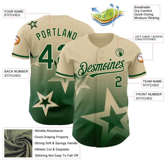 Maglia autentica con motivo crema 3D, personalizzata con stella verde sfumata, stile baseball scintillante Maglia autentica con motivo crema 3D, personalizzata con stella verde sfumata, stile baseball scintillante