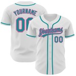 Maglia da baseball personalizzata autentica rosa-verde acqua, bianca Maglia da baseball personalizzata autentica rosa-verde acqua, bianca