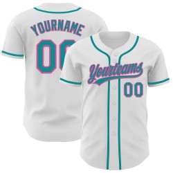 Maglia da baseball personalizzata autentica rosa-verde acqua, bianca Maglia da baseball personalizzata autentica rosa-verde acqua, bianca
