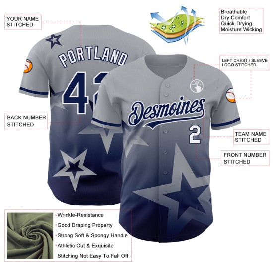 Maglia da baseball Star Twinkle personalizzata in 3D con design autentico grigio sfumato blu navy e bianco Maglia da baseball Star Twinkle personalizzata in 3D con design autentico grigio sfumato blu navy e bianco