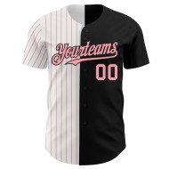 Maglia da baseball a righe nere personalizzate, autentiche, bianche e rosa medio divise Maglia da baseball a righe nere personalizzate, autentiche, bianche e rosa medio divise