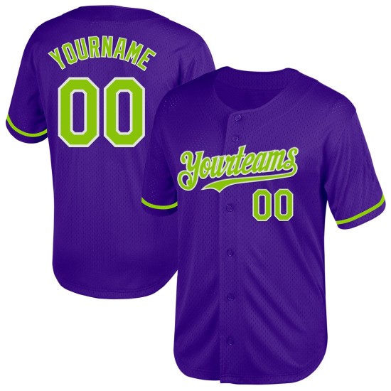 Maglia da baseball personalizzata in maglia autentica verde neon e bianca, stile retrò, viola Maglia da baseball personalizzata in maglia autentica verde neon e bianca, stile retrò, viola