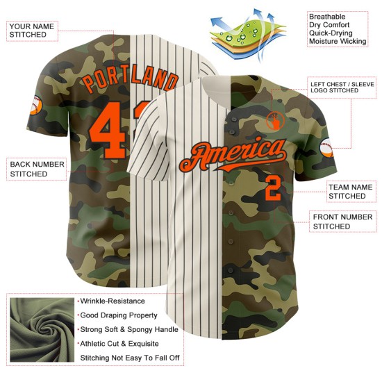 Maglia da baseball personalizzata Pinstripe To Salute Service Fashion Orange Camo, autentica, color crema e nero Maglia da baseball personalizzata Pinstripe To Salute Service Fashion Orange Camo, autentica, color crema e nero
