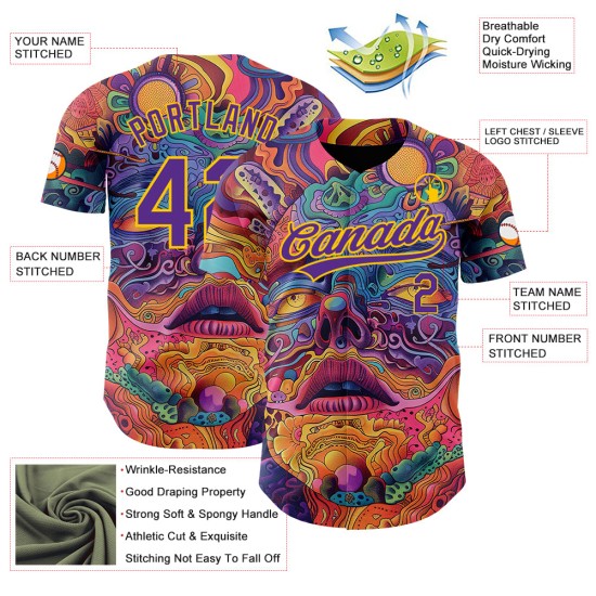 Maglia da baseball viola-gialla rossa personalizzata con motivo astratto dipinto in 3D autentico Maglia da baseball viola-gialla rossa personalizzata con motivo astratto dipinto in 3D autentico