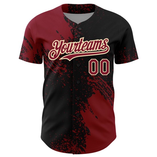 Maglia da baseball personalizzata con motivo astratto color cremisi con pennellate autentiche in 3D, nera e crema Maglia da baseball personalizzata con motivo astratto color cremisi con pennellate autentiche in 3D, nera e crema