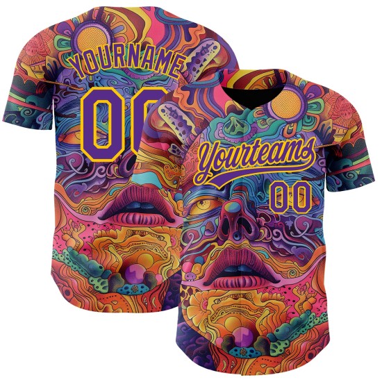 Maglia da baseball viola-gialla rossa personalizzata con motivo astratto dipinto in 3D autentico Maglia da baseball viola-gialla rossa personalizzata con motivo astratto dipinto in 3D autentico