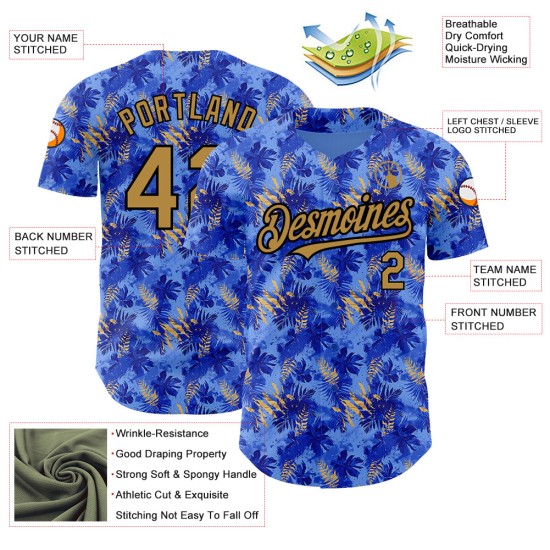 Maglia da baseball con foglie, blu antico, Hawaii 3D, motivo personalizzato autentico, design tropicale, oro chiaro e nero. Maglia da baseball con foglie, blu antico, Hawaii 3D, motivo personalizzato autentico, design tropicale, oro chiaro e nero.