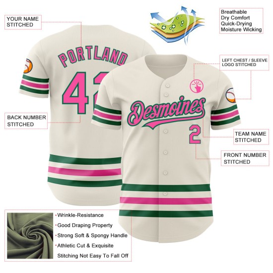 Maglia da baseball Line Pink-Kelly personalizzata color crema, verde, autentica Maglia da baseball Line Pink-Kelly personalizzata color crema, verde, autentica