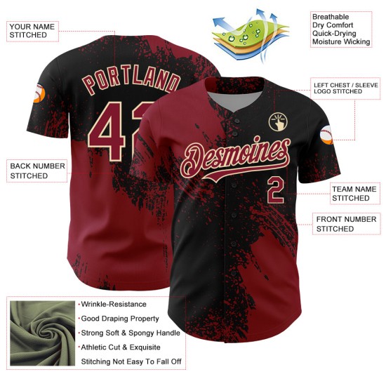 Maglia da baseball personalizzata con motivo astratto color cremisi con pennellate autentiche in 3D, nera e crema Maglia da baseball personalizzata con motivo astratto color cremisi con pennellate autentiche in 3D, nera e crema