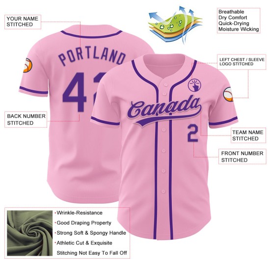 Maglia da baseball autentica personalizzata rosa chiaro viola Maglia da baseball autentica personalizzata rosa chiaro viola