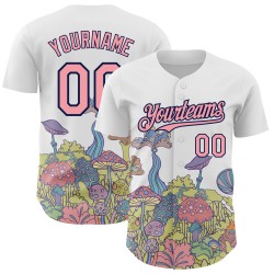 Maglia da baseball personalizzata autentica e 3D con motivo floreale, funghi bianchi, rosa-blu navy, allucinazione psichedelica, design medio colorato Maglia da baseball personalizzata autentica e 3D con motivo floreale, funghi bianchi, rosa-blu navy, allucinazione psichedelica, design medio colorato