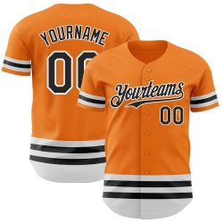 Maglia da baseball autentica arancione, personalizzata, linea Bay nera e bianca