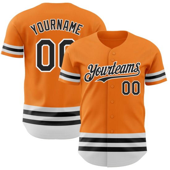 Maglia da baseball autentica arancione, personalizzata, linea Bay nera e bianca Maglia da baseball autentica arancione, personalizzata, linea Bay nera e bianca
