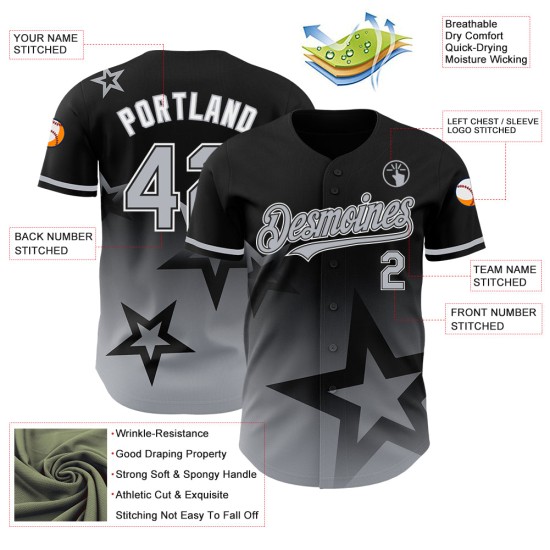 Maglia da baseball nera, grigia e bianca, con design a stella, personalizzata, autentica, motivo 3D scintillante sfumato Maglia da baseball nera, grigia e bianca, con design a stella, personalizzata, autentica, motivo 3D scintillante sfumato