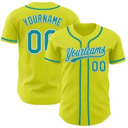 Maglia da baseball autentica personalizzata gialla neon, verde acqua e bianco Maglia da baseball autentica personalizzata gialla neon, verde acqua e bianco