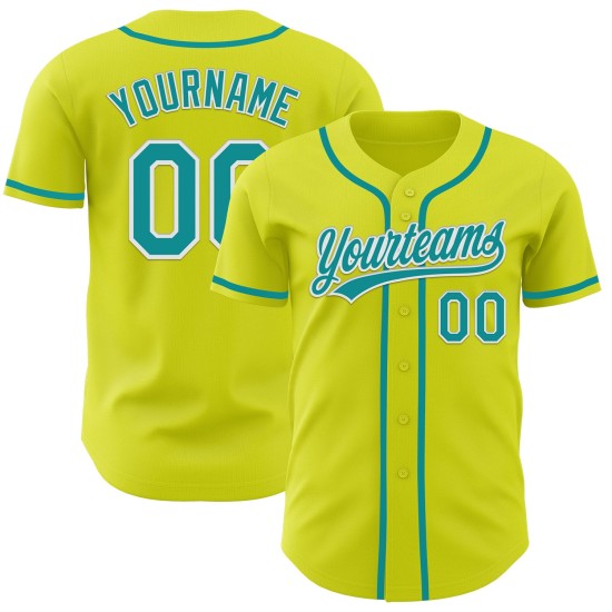 Maglia da baseball autentica personalizzata gialla neon, verde acqua e bianco Maglia da baseball autentica personalizzata gialla neon, verde acqua e bianco