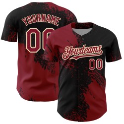 Maglia da baseball personalizzata con motivo astratto color cremisi con pennellate autentiche in 3D, nera e crema Maglia da baseball personalizzata con motivo astratto color cremisi con pennellate autentiche in 3D, nera e crema