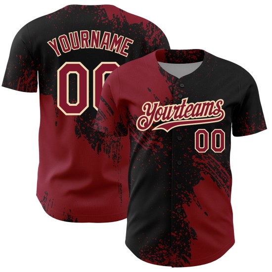 Maglia da baseball personalizzata con motivo astratto color cremisi con pennellate autentiche in 3D, nera e crema Maglia da baseball personalizzata con motivo astratto color cremisi con pennellate autentiche in 3D, nera e crema