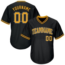 Maglia a costine personalizzata, stile retrò, autentica, da baseball, nera, oro e bianco Maglia a costine personalizzata, stile retrò, autentica, da baseball, nera, oro e bianco