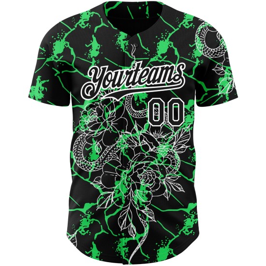 Maglia da baseball con motivo a serpente neon 3D, personalizzata, nera, verde e bianca, con design a tema animale. Maglia da baseball con motivo a serpente neon 3D, personalizzata, nera, verde e bianca, con design a tema animale.