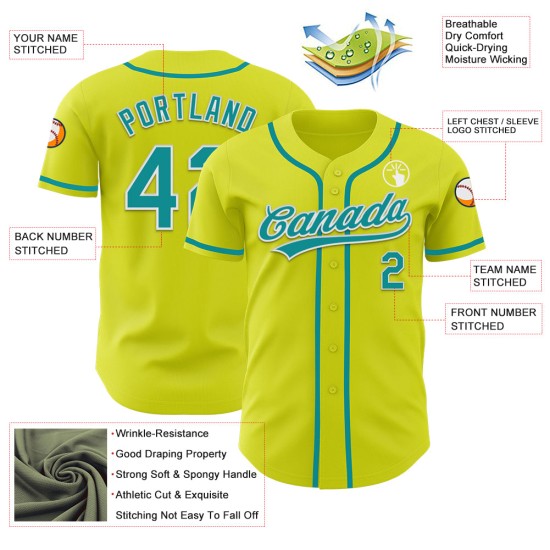Maglia da baseball autentica personalizzata gialla neon, verde acqua e bianco Maglia da baseball autentica personalizzata gialla neon, verde acqua e bianco