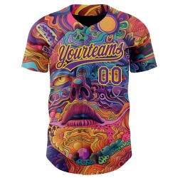 Maglia da baseball viola-gialla rossa personalizzata con motivo astratto dipinto in 3D autentico Maglia da baseball viola-gialla rossa personalizzata con motivo astratto dipinto in 3D autentico