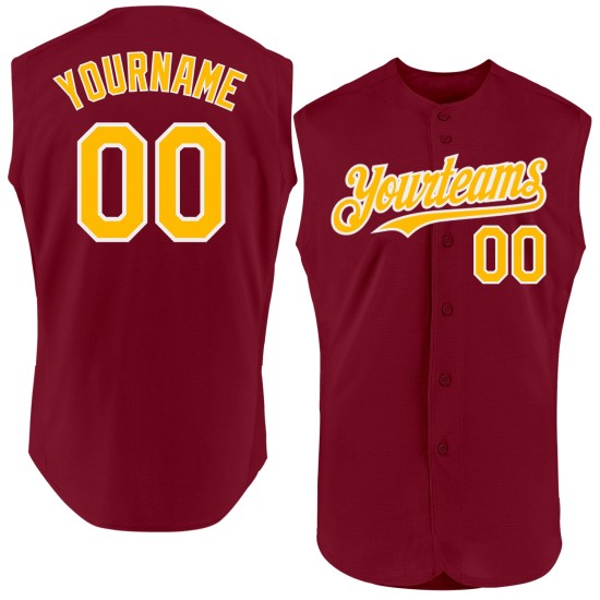 Maglia da baseball autentica personalizzata color oro-bianco cremisi senza maniche Maglia da baseball autentica personalizzata color oro-bianco cremisi senza maniche