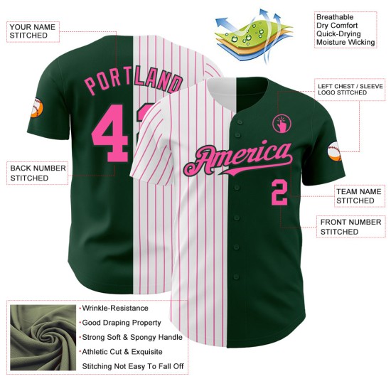 Maglia da baseball personalizzata Split Green Fashion a righe bianche e rosa autentica Maglia da baseball personalizzata Split Green Fashion a righe bianche e rosa autentica
