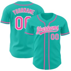 Maglia da baseball personalizzata rosa-bianca autentica acquamarina Maglia da baseball personalizzata rosa-bianca autentica acquamarina