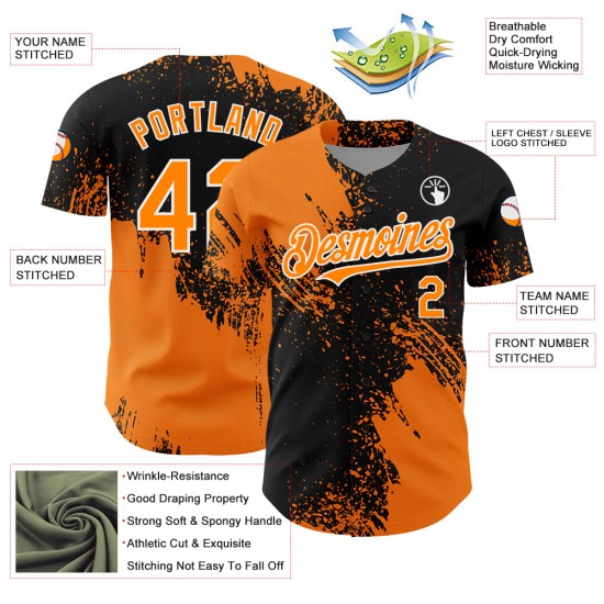 Maglia da baseball autentica con motivo a pennello, tratto personalizzato, design astratto baia 3D arancione, nero e bianco Maglia da baseball autentica con motivo a pennello, tratto personalizzato, design astratto baia 3D arancione, nero e bianco