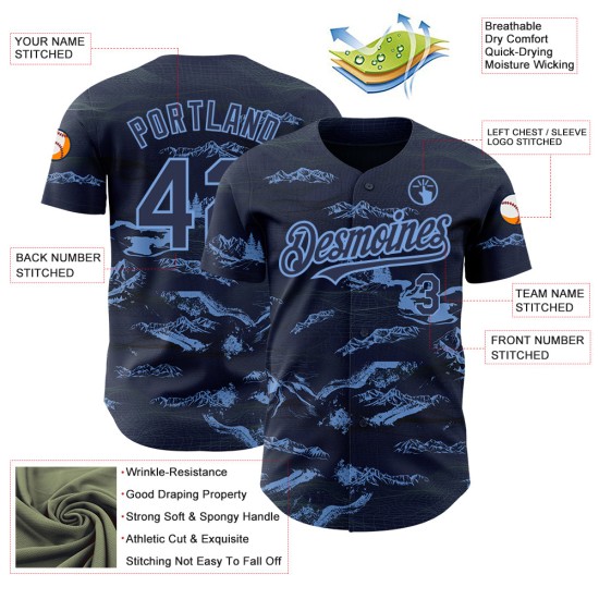Maglia da baseball blu navy leggera personalizzata con design 3D autentico, modello Mountain Maglia da baseball blu navy leggera personalizzata con design 3D autentico, modello Mountain