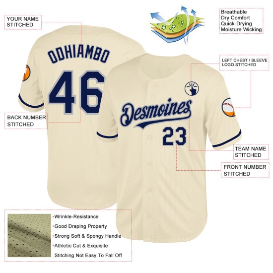 Maglia da baseball retrò autentica blu navy e grigia personalizzata in maglia color crema Maglia da baseball retrò autentica blu navy e grigia personalizzata in maglia color crema