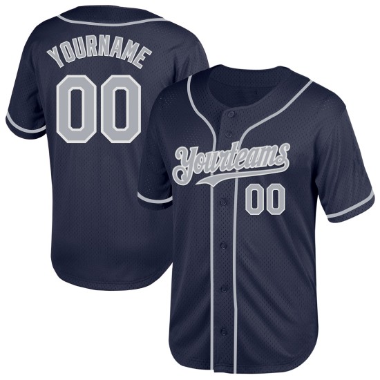 Maglia da baseball retrò in mesh blu navy autentica personalizzata grigio-bianca Maglia da baseball retrò in mesh blu navy autentica personalizzata grigio-bianca