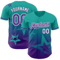 Maglia da baseball personalizzata con motivo a stelle acqua, autentica sfumatura luccicante viola-bianca, design 3D in stile Maglia da baseball personalizzata con motivo a stelle acqua, autentica sfumatura luccicante viola-bianca, design 3D in stile